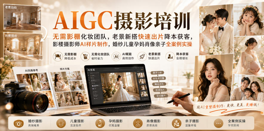 AIGC摄影培训｜无需影棚化妆团队，老景新搭快速出片降本获客，影楼摄影师AI样片制作，婚纱儿童孕妈肖像亲子全案例实操-大象聊项目