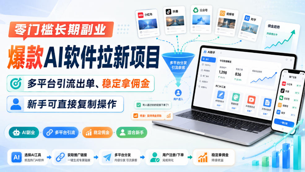零门槛长期副业，爆款AI软件拉新项目，多平台引流出单、稳定拿佣金，新手可直接复制操作-大象聊项目