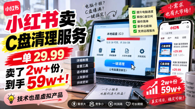 小红书卖C盘清理服务，一单29.99，卖了2w+份，技术也是虚拟产品-大象聊项目