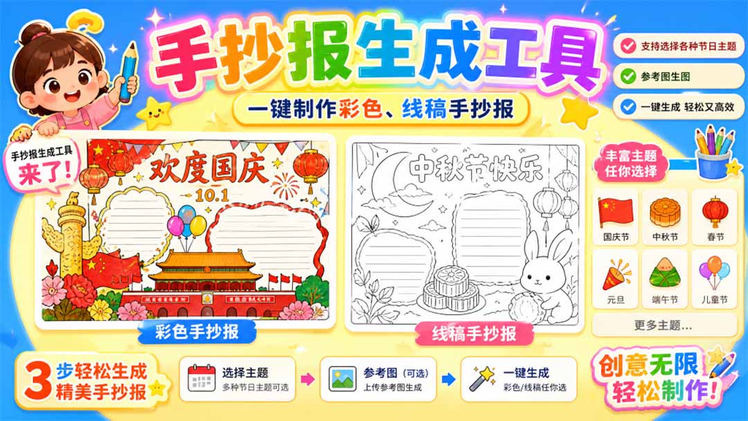 手抄报批量生成工具来了，完全免费，告别豆包生图，这个高清无水印-大象聊项目