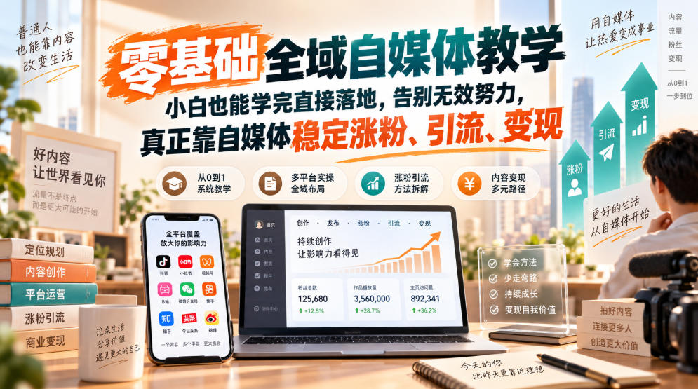 零基础全域自媒体教学，小白也能学完直接落地，告别无效努力，真正靠自媒体稳定涨粉、引流、变现-大象聊项目