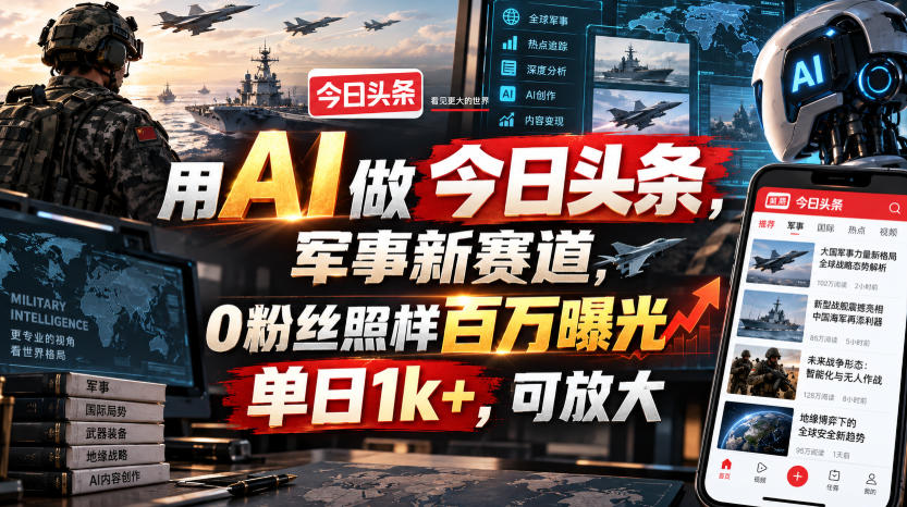 用AI做今日头条，军事新赛道，0粉丝照样百万曝光，单日1k+，可放大-大象聊项目