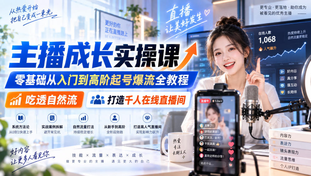 主播成长实操课｜零基础从入门到高阶起号爆流全教程，吃透自然流，打造千人在线直播间-大象聊项目