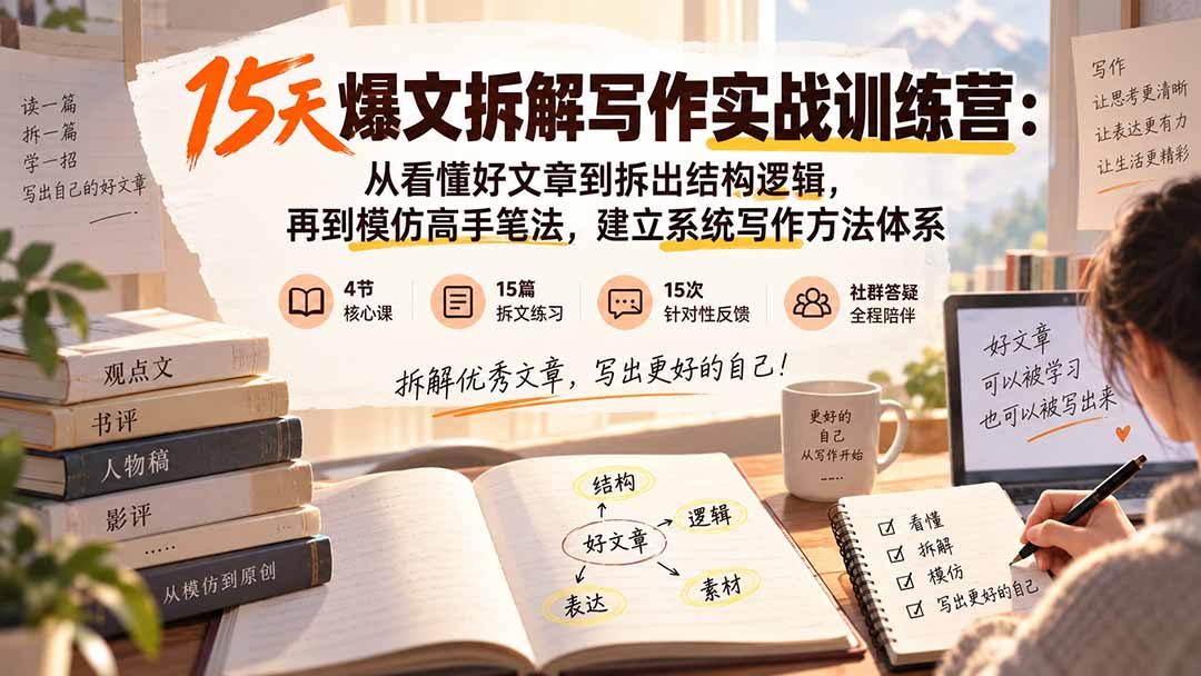 15天爆文拆解写作实战训练营：从看懂好文章到拆出结构逻辑，再到模仿高手笔法，建立系统写作方法体系-大象聊项目