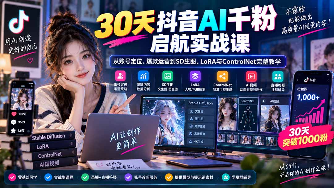 30天抖音AI千粉启航实战课：从账号定位、爆款运营到SD生图、LoRA与ControlNet完整教学-大象聊项目