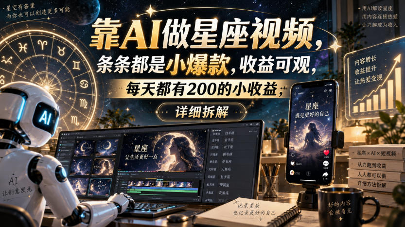 靠AI做星座视频，条条都是小爆款，收益可观，每天都有200的小收益，详细拆解-大象聊项目