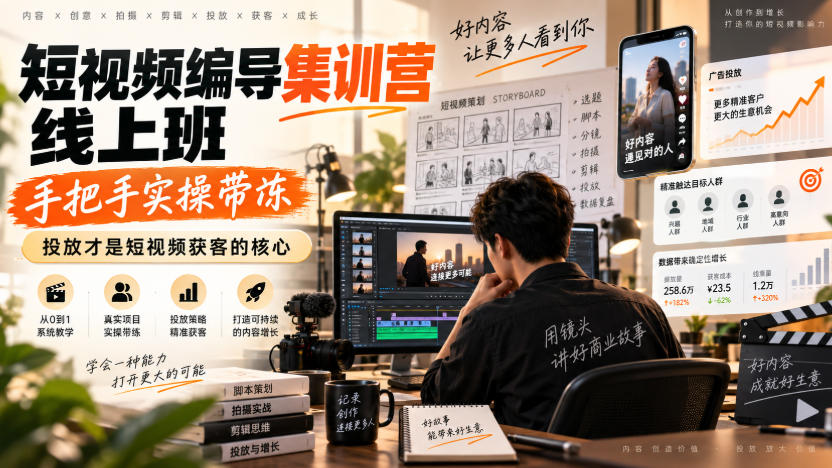 短视频编导集训营线上班，手把手实操带冻，投放才是短视频获客的核心-大象聊项目