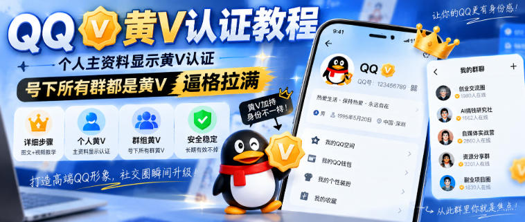 QQ黄V认证教程，个人主资料显示黄V认证，号下所有群都是黄V，逼格拉满-大象聊项目