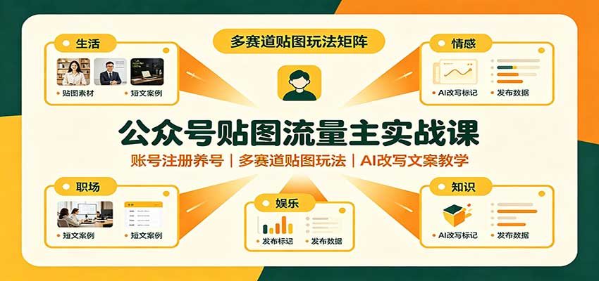 公众号贴图流量主实战课：账号注册养号，多赛道贴图玩法，AI改写文案教学-大象聊项目