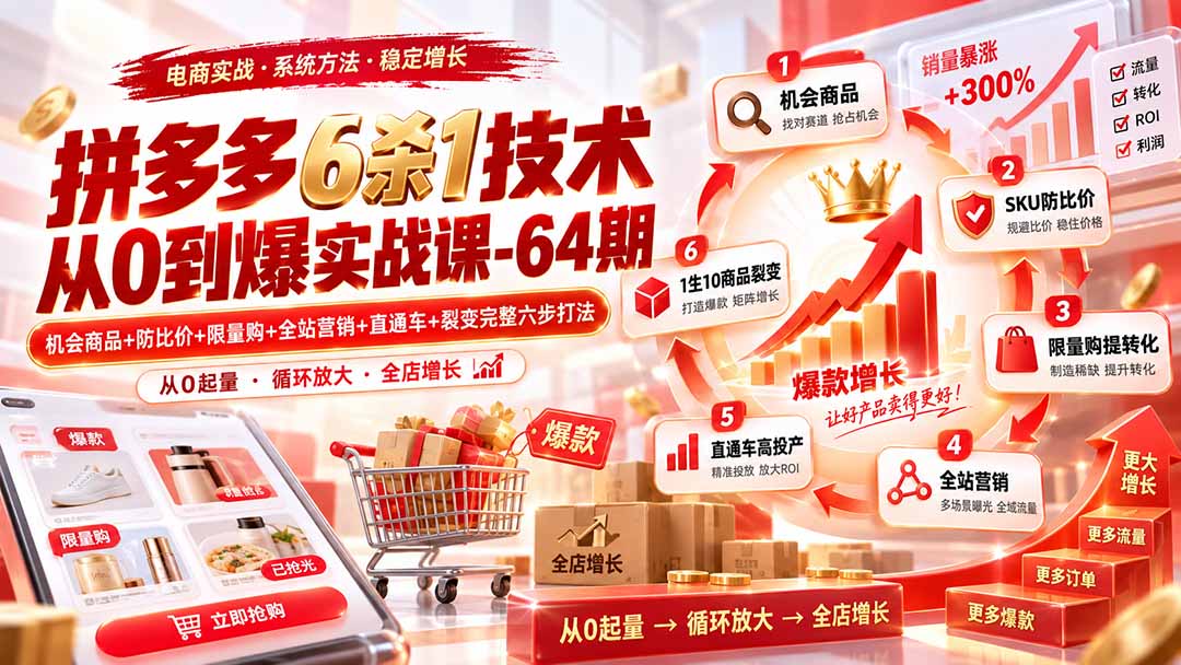拼多多6杀1技术从0到爆实战课-64期：机会商品+防比价+限量购+全站营销+直通车+裂变完整六步打法-大象聊项目