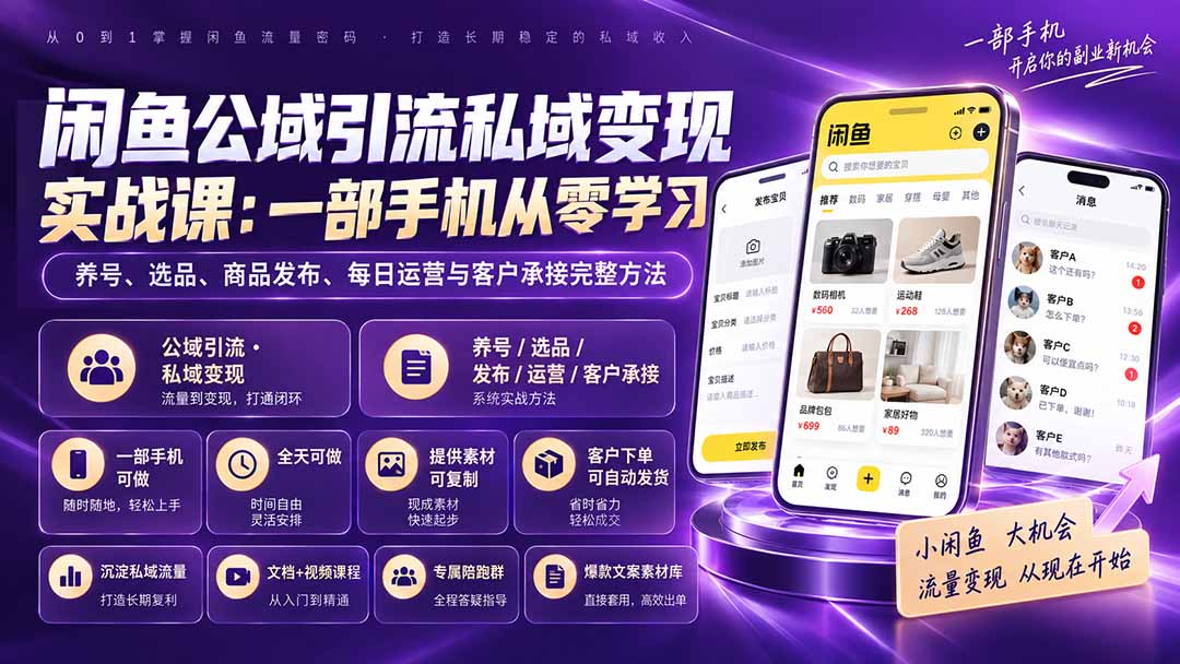 闲鱼公域引流私域变现实战课：一部手机从零学习养号、选品、商品发布、每日运营与客户承接完整方法-大象聊项目