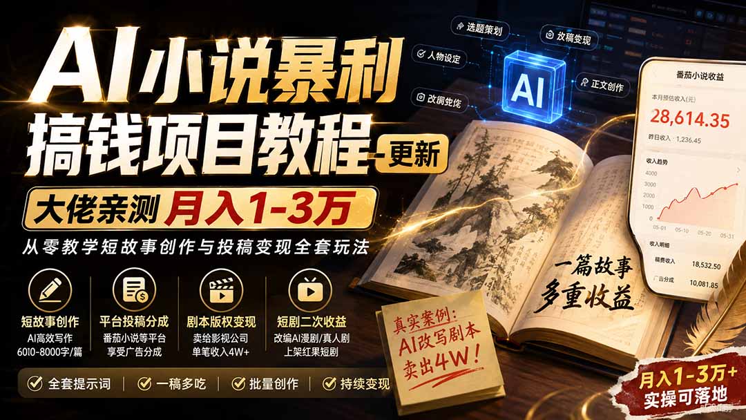 AI小说短故事暴利搞钱项目教程-更新，大佬亲测月入1-3万，从零教学短故事创作与投稿变现全套玩法-大象聊项目