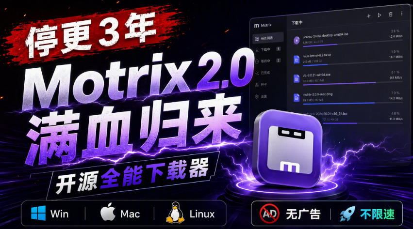 停更3年，Motrix 2.0满血归来：开源全能下载器，Win/Mac/Linux通吃，无广告不限速-大象聊项目