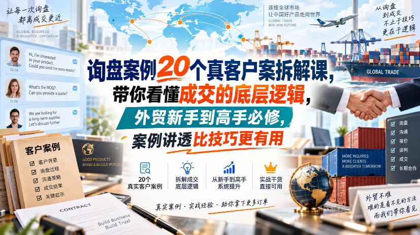 询盘案例20个真客户案拆解课，带你看懂成交的底层逻辑，外贸新手到高手必修，案例讲透比技巧更有用-大象聊项目