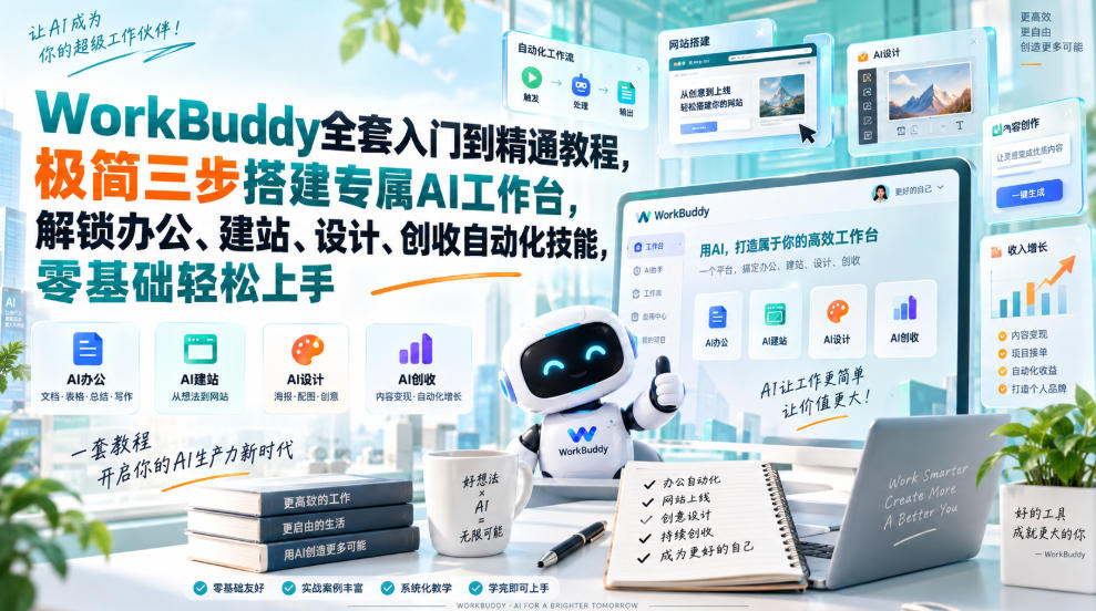 WorkBuddy全套入门到精通教程，极简三步搭建专属AI工作台，解锁办公、建站、设计、创收自动化技能，零基础轻松上手-大象聊项目