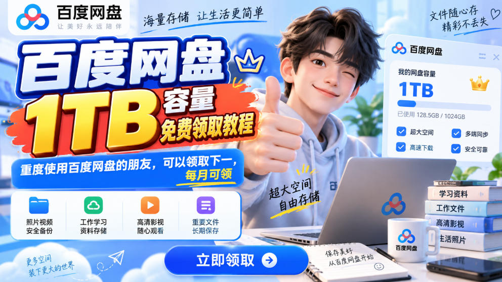 百度网盘1TB容量免费领取教程，重度使用百度网盘的朋友，可以领取下一，每月可领-大象聊项目