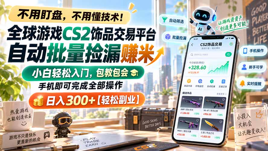 全球游戏CS2饰品交易平台自动批量捡漏赚米，小白轻松入门，包教包会，手机即可完成全部操作，日入300+【轻松副业】-大象聊项目
