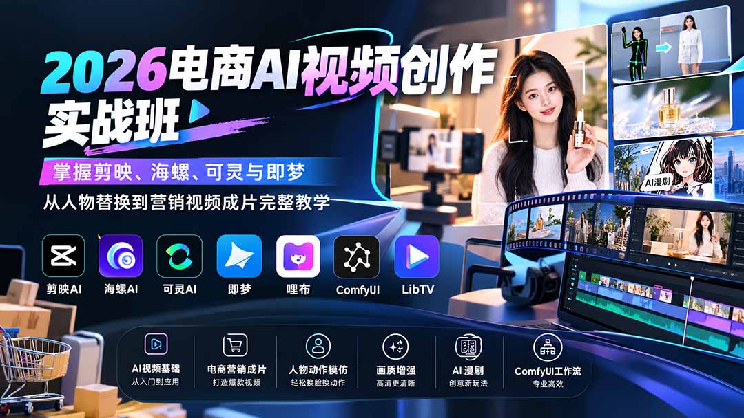 2026电商AI视频创作实战班：掌握剪映、海螺、可灵与即梦，从人物替换到营销视频成片完整教学-大象聊项目