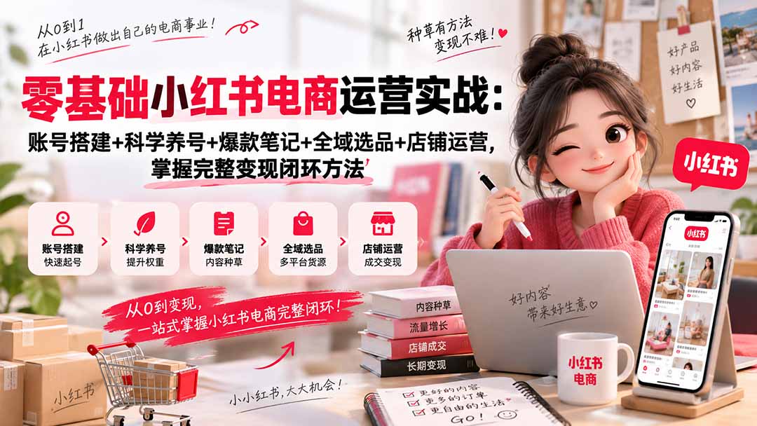 零基础小红书电商运营实战：账号搭建+科学养号+爆款笔记+全域选品+店铺运营，掌握完整变现闭环方法-大象聊项目