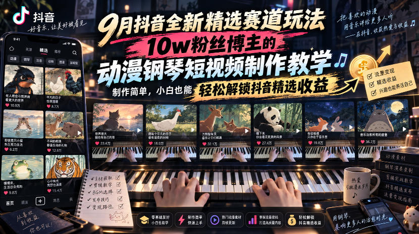 9月抖音全新精选赛道玩法，10w粉丝博主的动漫钢琴短视频制作教学，制作简单，小白也能轻松解锁抖音精选收益-大象聊项目