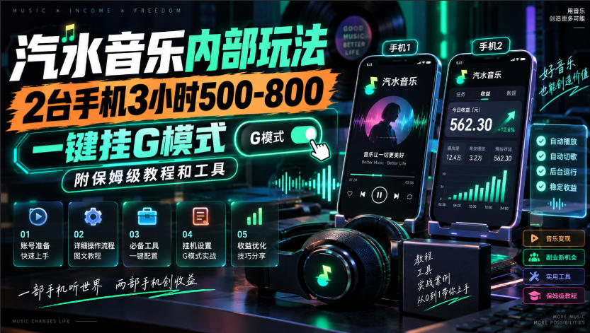汽水音乐内部玩法，2台手机3小时500-800，一键挂G模式，附保姆级教程和工具【揭秘】-大象聊项目