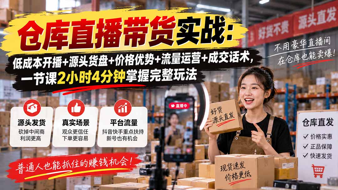 仓库直播带货实战：低成本开播+源头货盘+价格优势+流量运营+成交话术，一节课2小时4分钟掌握完整玩法-大象聊项目