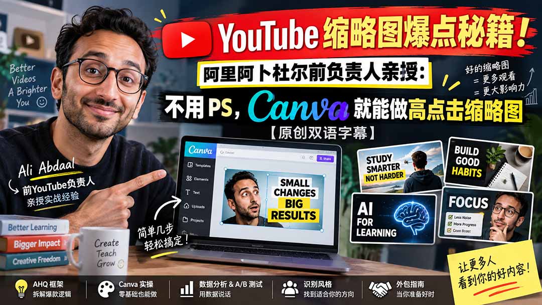 YouTube 缩略图爆点秘籍！阿里阿卜杜尔前负责人亲授：不用 PS，Canva 就能做高点击缩略图【原创双语字幕】-大象聊项目
