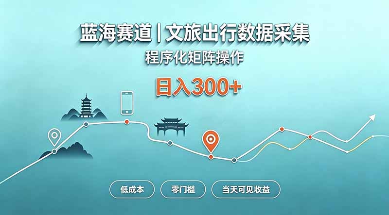蓝海赛道  文旅出行数据采集  程序化矩阵操作    低成本  零门槛   当天可见收益   日入300+-大象聊项目