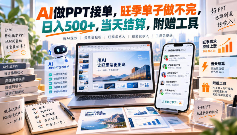 AI做PPT接单，旺季单子做不完，日入500+，当天结算，附赠工具【揭秘】-大象聊项目