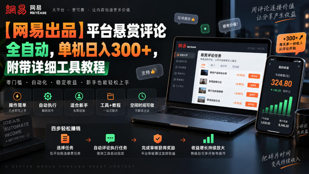 【网易出品】平台悬赏评论全自动，单机日入300+，附带详细工具教程【揭秘】-大象聊项目