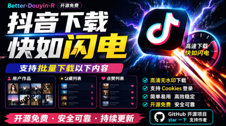 超级好用！抖音视频下载神器，支持批量下载用户作品收藏列表和点赞列表，开源完全免费Better-douyin-R-大象聊项目