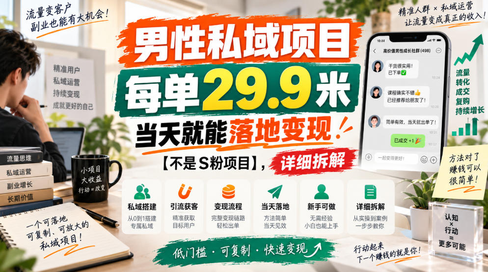 男性私域项目，每单29.9米，当天就能落地变现【不是S粉项目】，详细拆解-大象聊项目