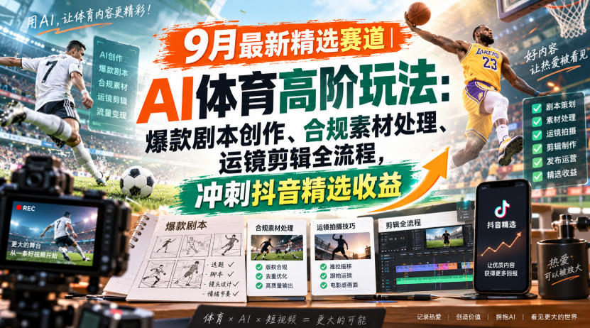 某大佬的9月最新精选赛道之AI体育顶级玩法，爆款剧本创作、版权规避、运镜剪辑全流程，稳拿抖音精选收益-大象聊项目