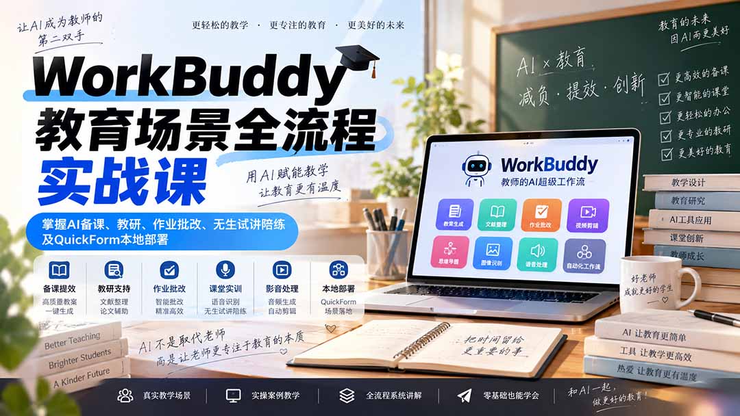 WorkBuddy教育场景全流程实战课：掌握AI备课、教研、作业批改、无生试讲陪练及QuickForm本地部署-大象聊项目