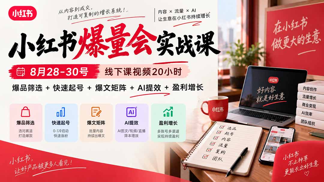 小红书爆量会实战课-更新9月17：线下课视频20小时，爆品筛选+快速起号+爆文矩阵+AI提效+盈利增长-大象聊项目
