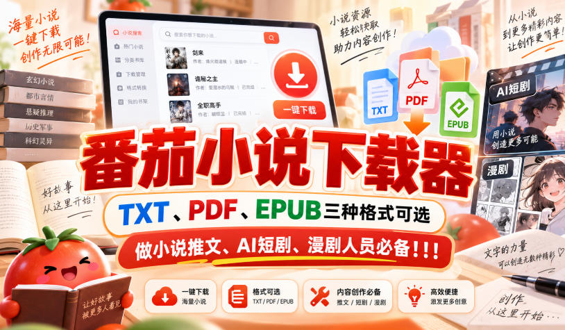 番茄小说下载器，TXT、PDF、EPUB三种格式可选，做小说推文、AI短剧、漫剧人员必备！！！-大象聊项目
