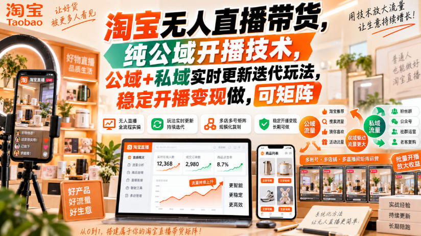 淘宝无人直播带货，纯公域开播技术，公域+私域实时更新迭代玩法，稳定开播变现做，可矩阵【揭秘】-大象聊项目