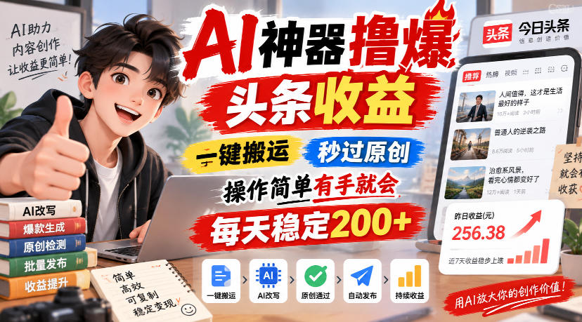 AI神器撸爆头条收益，一键搬运，秒过原创，操作简单有手就会，每天稳定200+【揭秘】-大象聊项目