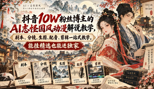 抖音10W粉丝博主满堂诡事的AI志怪国风动漫解说教学，剧本、分镜、生图、配音、剪辑一站式教学，能挂精选也能进独家​-大象聊项目