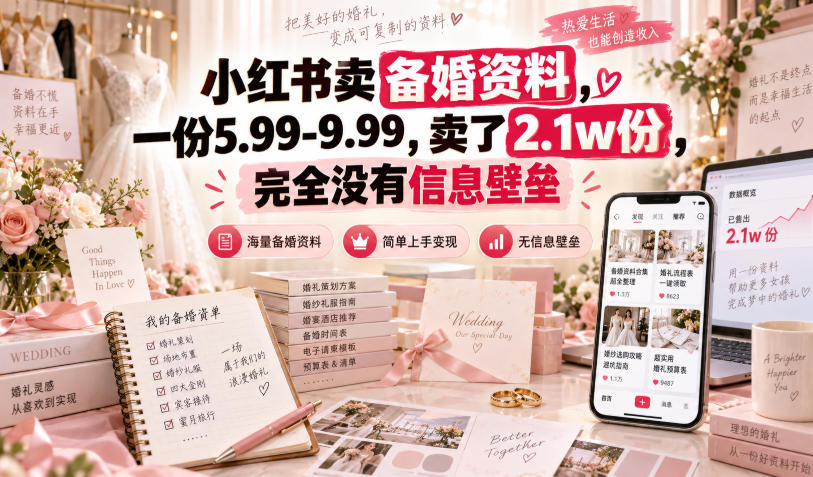 小红书卖备婚资料，一份5.99-9.99，卖了2.1w份，完全没有信息壁垒-大象聊项目