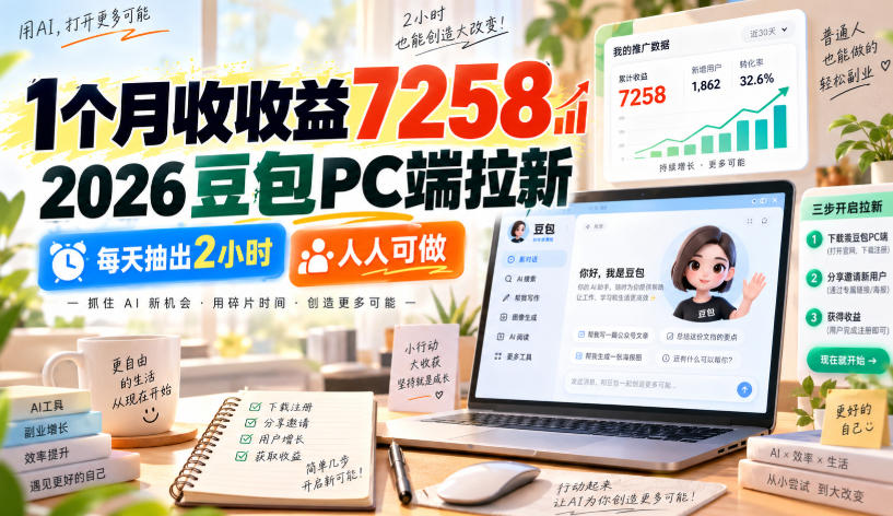 1个月收收益7258，2026豆包PC端拉新，每天抽出2小时，人人可做-大象聊项目