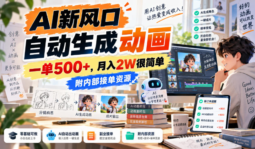 AI新风口，自动生成动画，一单500+，月入2W很简单，附内部接单资源【揭秘】-大象聊项目