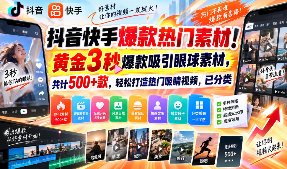 抖音快手爆款热门素材！黄金3秒爆款吸引眼球素材，共计500+款，轻松打造热门吸睛视频，已分类-大象聊项目