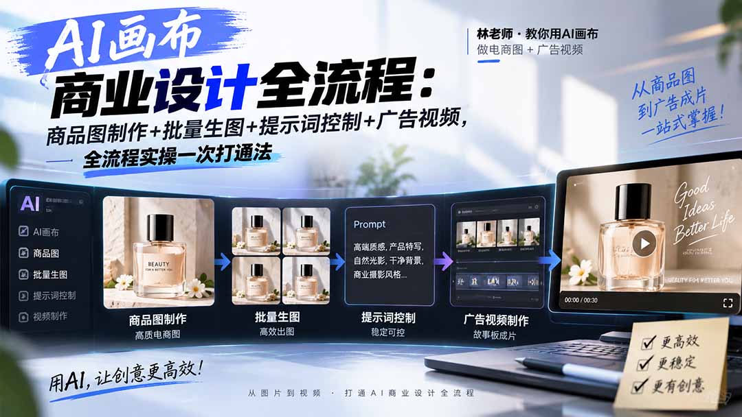 AI画布商业设计全流程：商品图制作+批量生图+提示词控制+广告视频，全流程实操一次打通法-大象聊项目