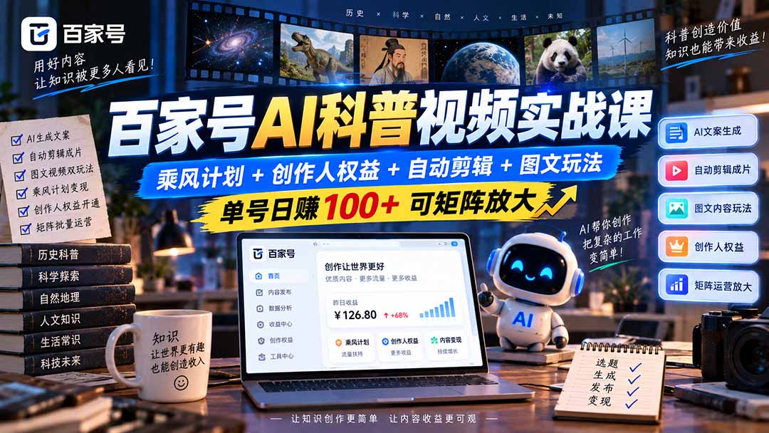 百家号AI科普视频实战课：乘风计划+创作人权益+自动剪辑+图文玩法，单号日赚100+可矩阵放大-大象聊项目