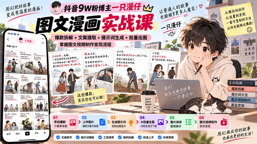 抖音9W粉博主一只漫仔图文漫画课：爆款拆解+文案提取+提示词生成+批量出图，掌握图文视频制作变现流程-大象聊项目