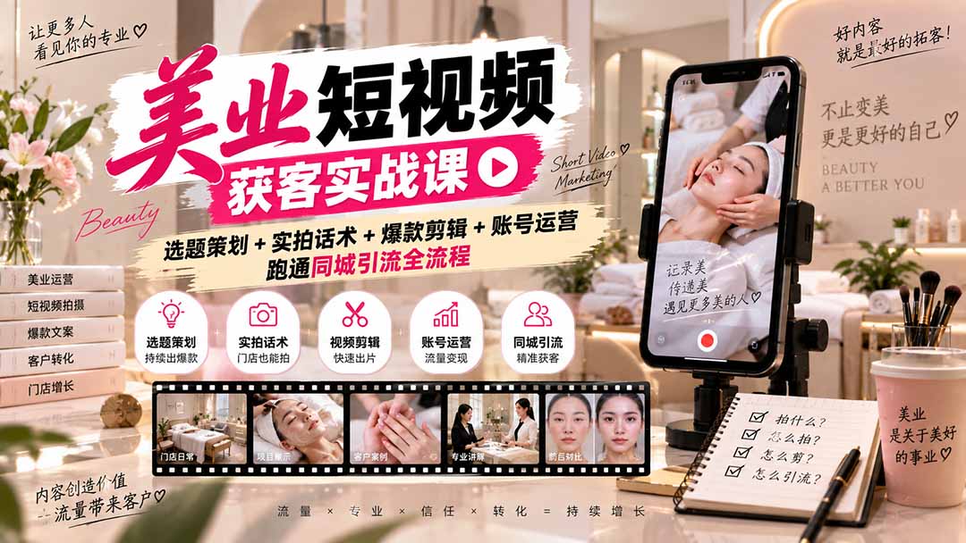 美业短视频获客实战课-无水印：选题策划+实拍话术+爆款剪辑+账号运营，跑通同城引流全流程-大象聊项目