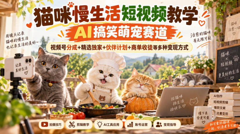 猫咪慢生活短视频教学，AI搞笑萌宠赛道，视频号分成+精选独家+伙伴计划+商单收徒等多种变现方式-大象聊项目