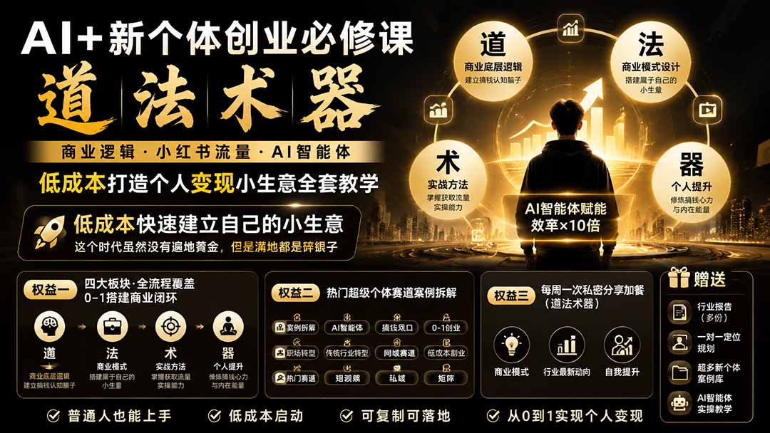 AI+新个体创业必修课-更新0922｜道法术器｜商业逻辑·小红书流量·AI智能体｜低成本打造个人变现小生意全套教学-大象聊项目