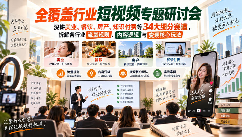 短视频专题研讨会，深耕美业、餐饮、房产、知识付费等34大细分赛道，拆解各行业流量规则、内容逻辑与变现核心玩法-大象聊项目